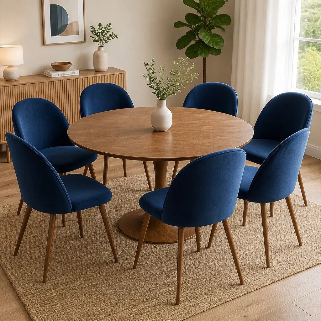 Set of 6 Dining Chairs Navy Velvet Upholstery French Provincial Style Ergonomic Backrest Steel Legs