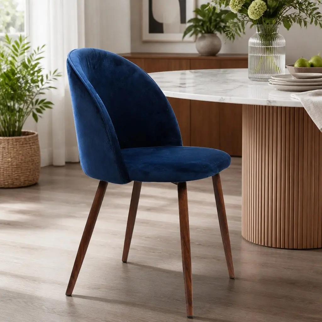 Set of 6 Dining Chairs Navy Velvet Upholstery French Provincial Style Ergonomic Backrest Steel Legs