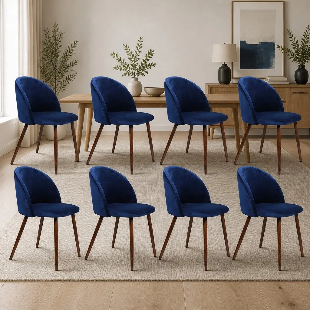 Set of 8 Dining Chairs Navy Velvet Upholstered French Provincial Style Kitchen Furniture