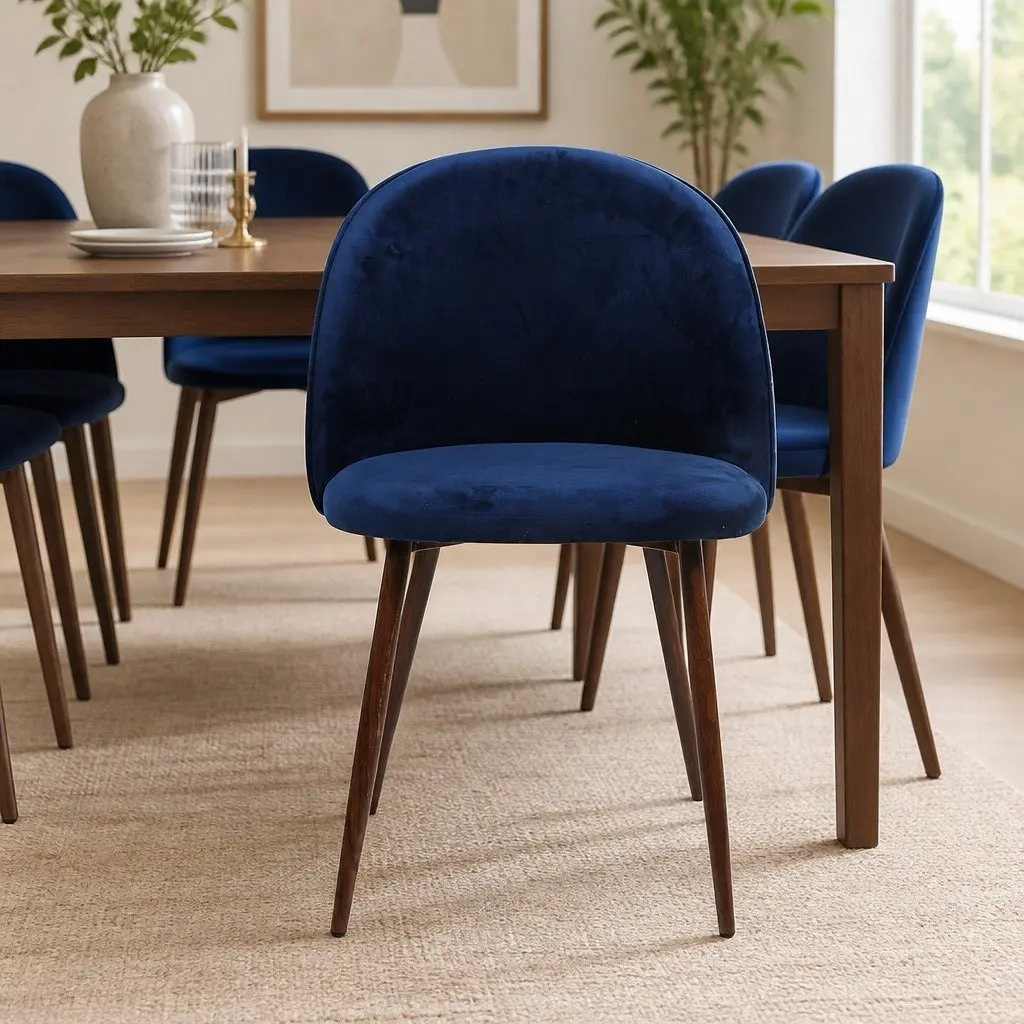 Set of 8 Dining Chairs Navy Velvet Upholstered French Provincial Style Kitchen Furniture