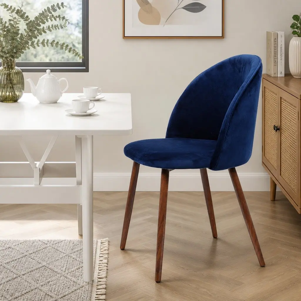 Set of 8 Dining Chairs Navy Velvet Upholstered French Provincial Style Kitchen Furniture