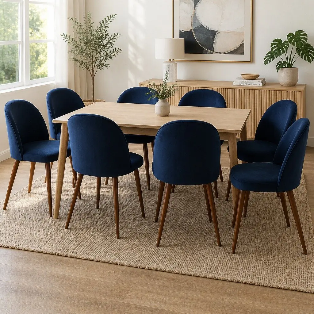 Set of 8 Dining Chairs Navy Velvet Upholstered French Provincial Style Kitchen Furniture