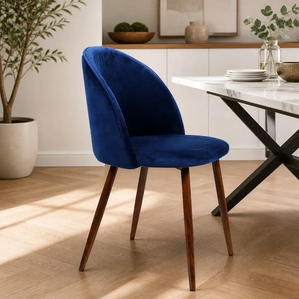 Set of 8 Dining Chairs Navy Velvet Upholstered French Provincial Style Kitchen Furniture