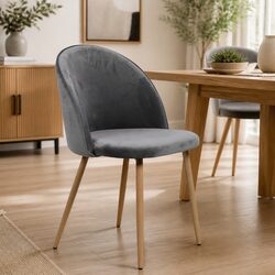 Set of 2 French Grey Velvet Dining Chairs with Steel Legs