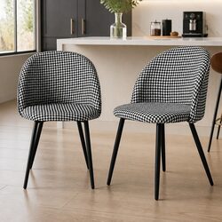 Dining Chairs Kitchen Set Black White Houndstooth Fabric Steel Frame Backrest
