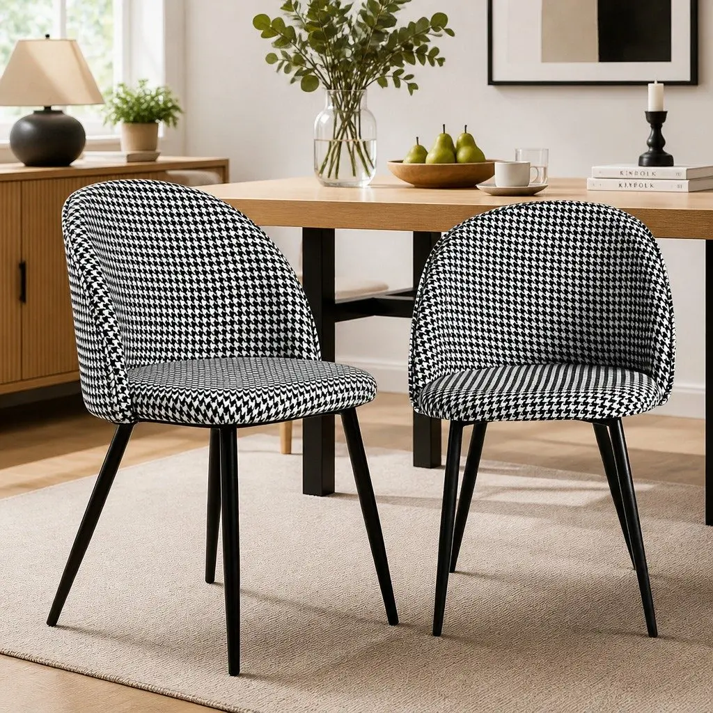 Dining Chairs Houndstooth Fabric Black White Steel Frame 2 Piece Set