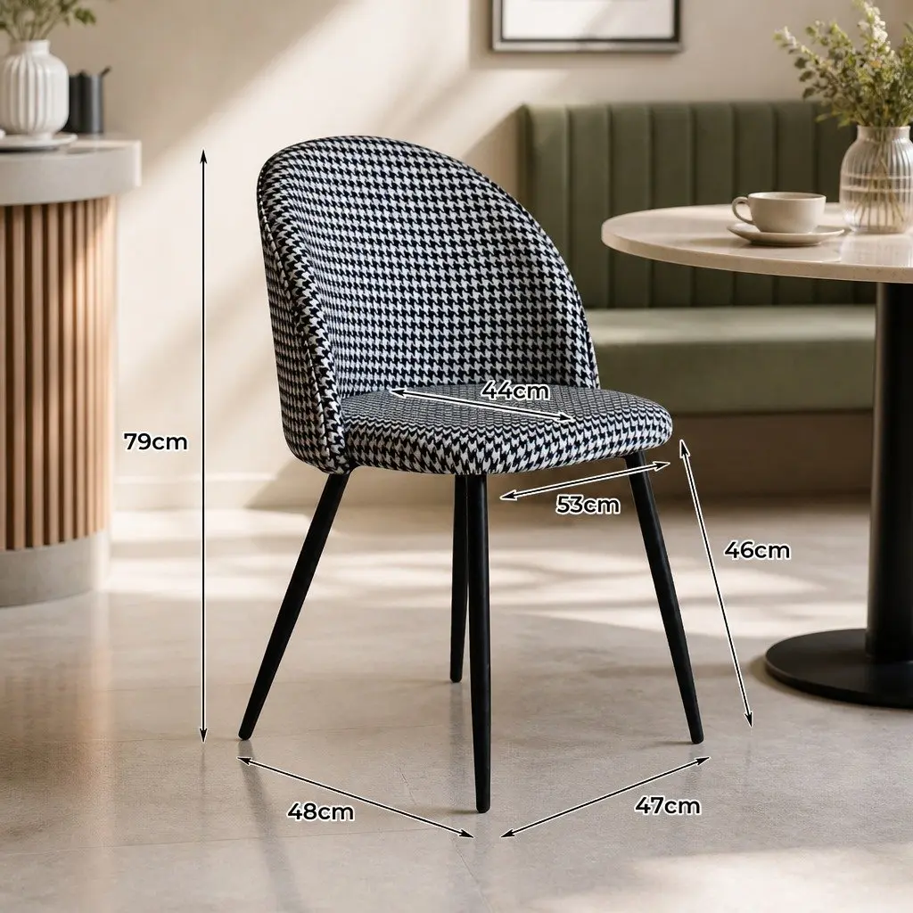 Dining Chairs Houndstooth Fabric Black White Steel Frame 2 Piece Set