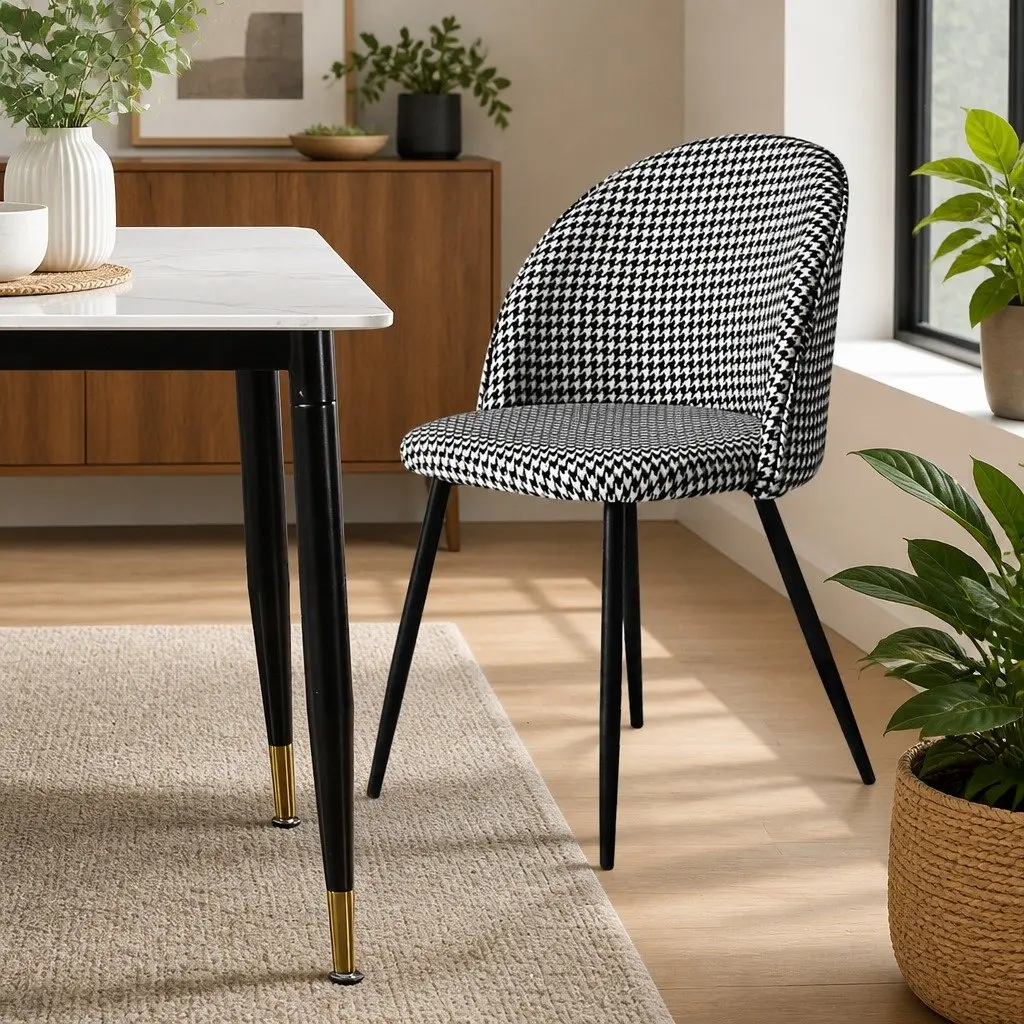 Dining Chairs Houndstooth Fabric Black White Steel Frame 2 Piece Set