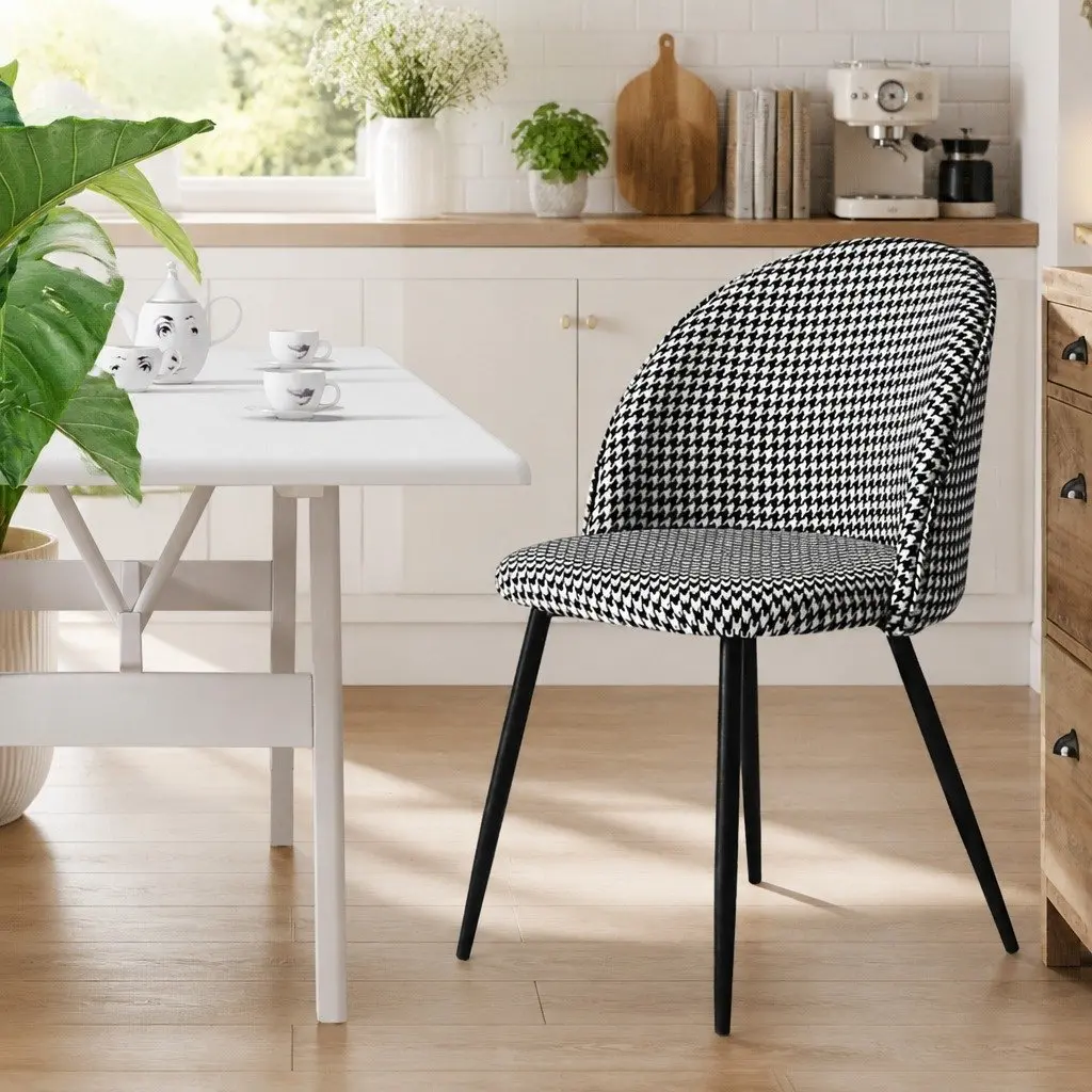 Dining Chairs Houndstooth Fabric Black White Steel Frame 2 Piece Set