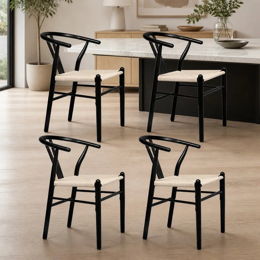 Dining Chairs Black Modern 4 Piece Wooden Rattan Seat