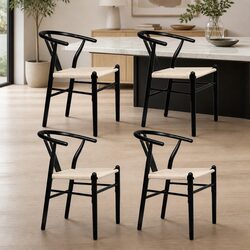 Set of 4 Black Wooden Dining Chairs with Rattan Seats