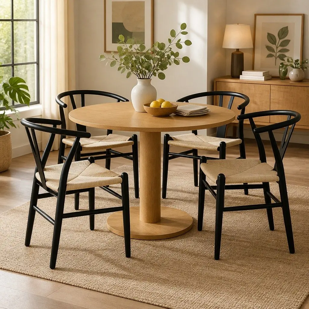 Dining Chairs Black Modern 4 Piece Wooden Rattan Seat