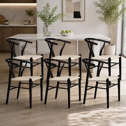 Set of 6 Black Wooden Dining Chairs with Rattan Seats
