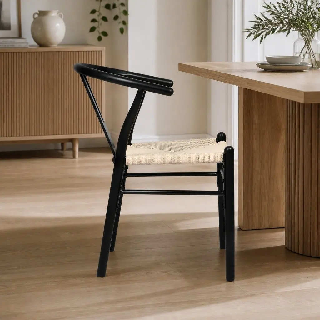 Dining Chairs Set of 6 Black Wooden Frame Rattan Seat Kitchen Furniture