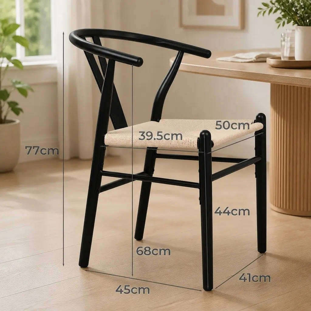 Dining Chairs Set of 6 Black Wooden Frame Rattan Seat Kitchen Furniture