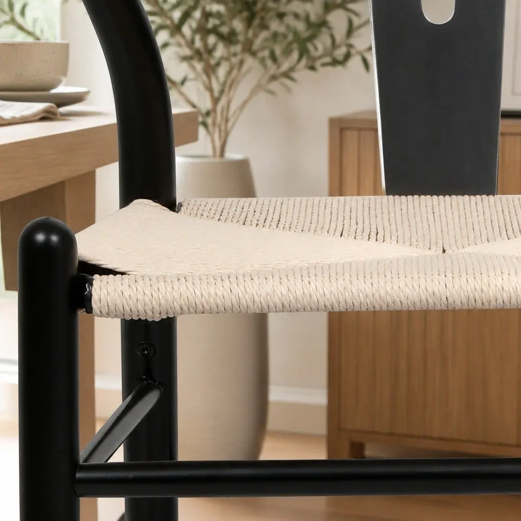 Dining Chairs Set of 6 Black Wooden Frame Rattan Seat Kitchen Furniture