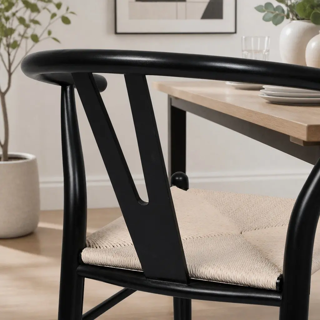 Dining Chairs Set of 6 Black Wooden Frame Rattan Seat Kitchen Furniture