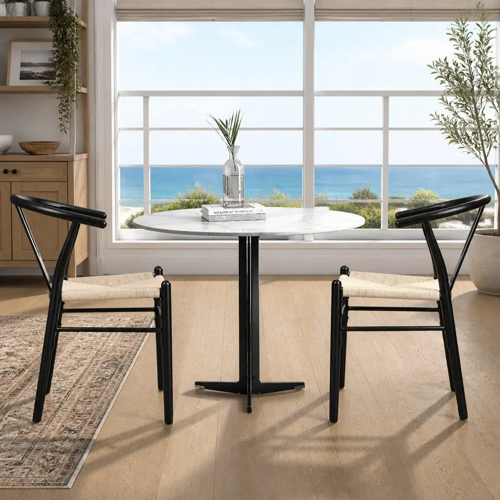 Dining Chairs Set of 6 Black Wooden Frame Rattan Seat Kitchen Furniture