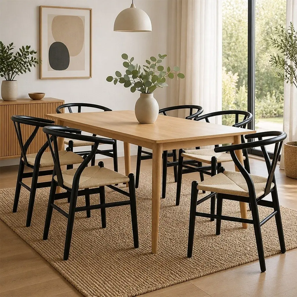 Dining Chairs Set of 6 Black Wooden Frame Rattan Seat Kitchen Furniture