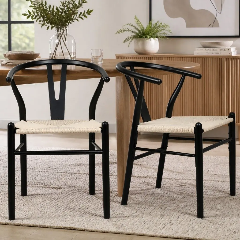 Dining Chairs Set of 6 Black Wooden Frame Rattan Seat Kitchen Furniture