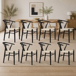 Set of 8 Wooden Rattan Seat Dining Chairs in Black