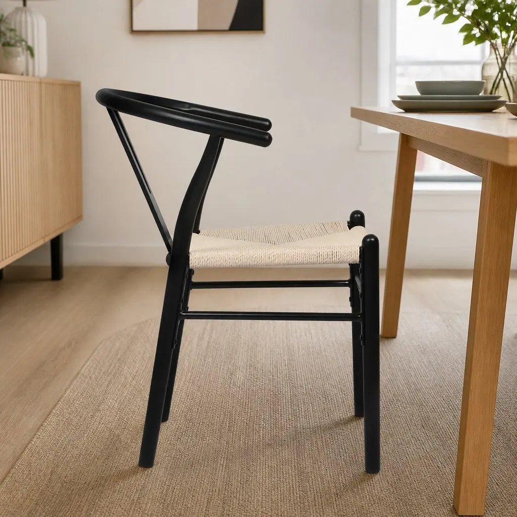 Dining Chairs Modern Black Rattan Seat Solid Wood Frame Set of 8