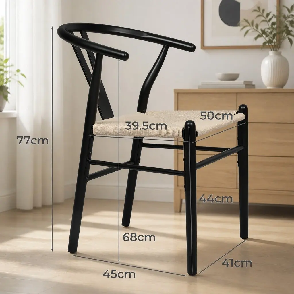 Dining Chairs Modern Black Rattan Seat Solid Wood Frame Set of 8