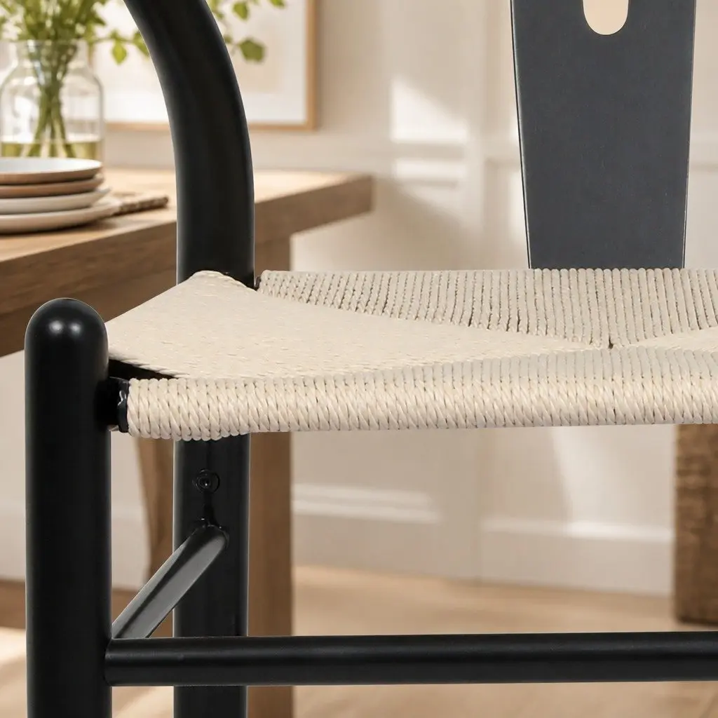 Dining Chairs Modern Black Rattan Seat Solid Wood Frame Set of 8