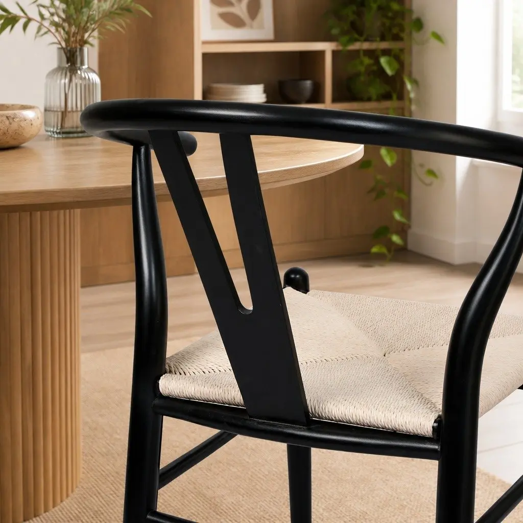 Dining Chairs Modern Black Rattan Seat Solid Wood Frame Set of 8