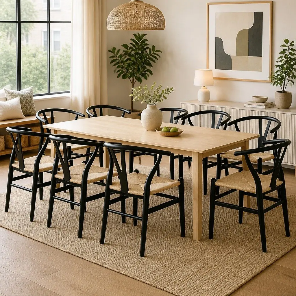 Dining Chairs Modern Black Rattan Seat Solid Wood Frame Set of 8