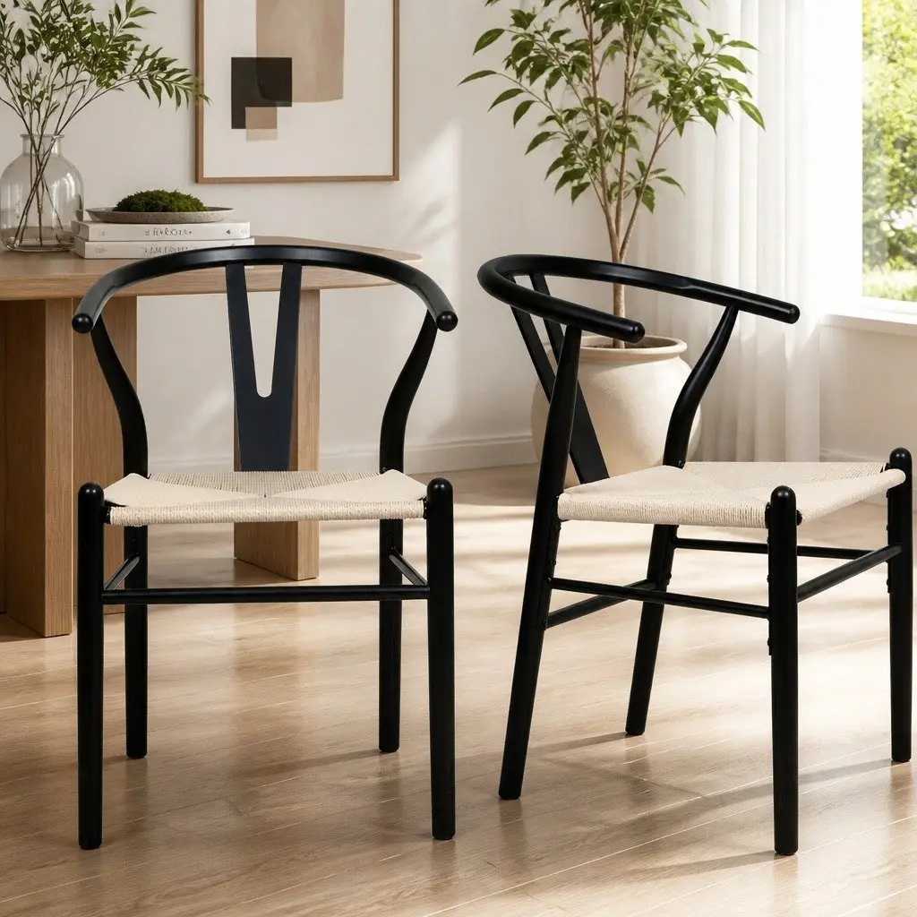 Dining Chairs Modern Black Rattan Seat Solid Wood Frame Set of 8