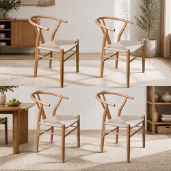 Set of 4 Modern Wooden Dining Chairs with Rattan Seats