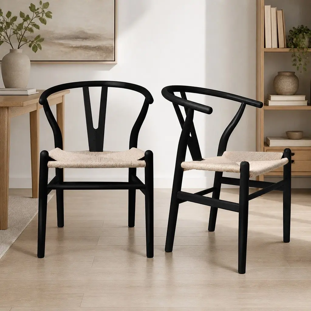 Dining Chairs Wooden Seat Black Modern Design Rattan Seating Set of 2
