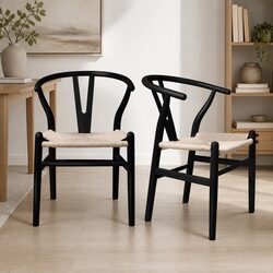 Set of 2 Black Rattan Seat Dining Chairs