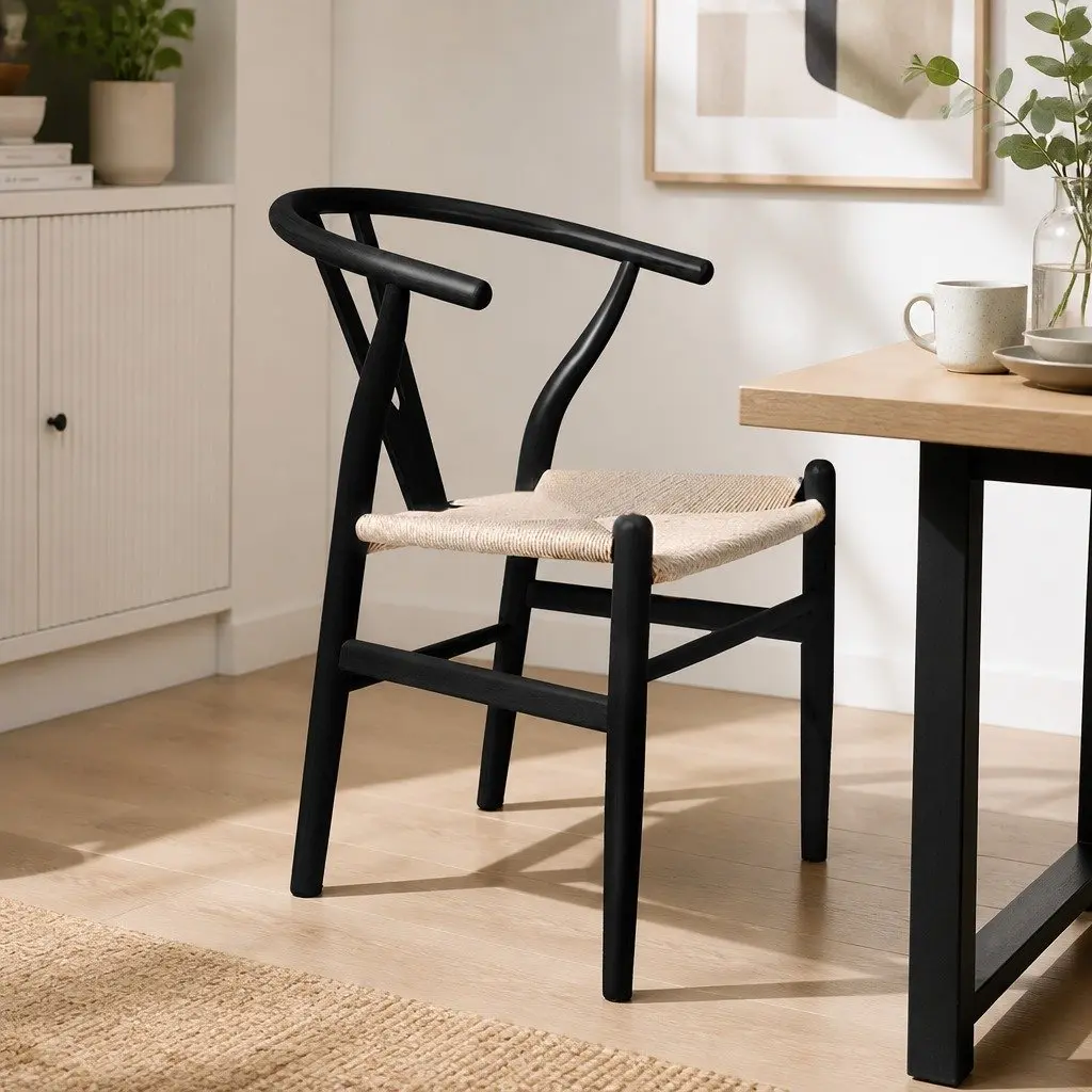 Dining Chairs Wooden Seat Black Modern Design Rattan Seating Set of 2