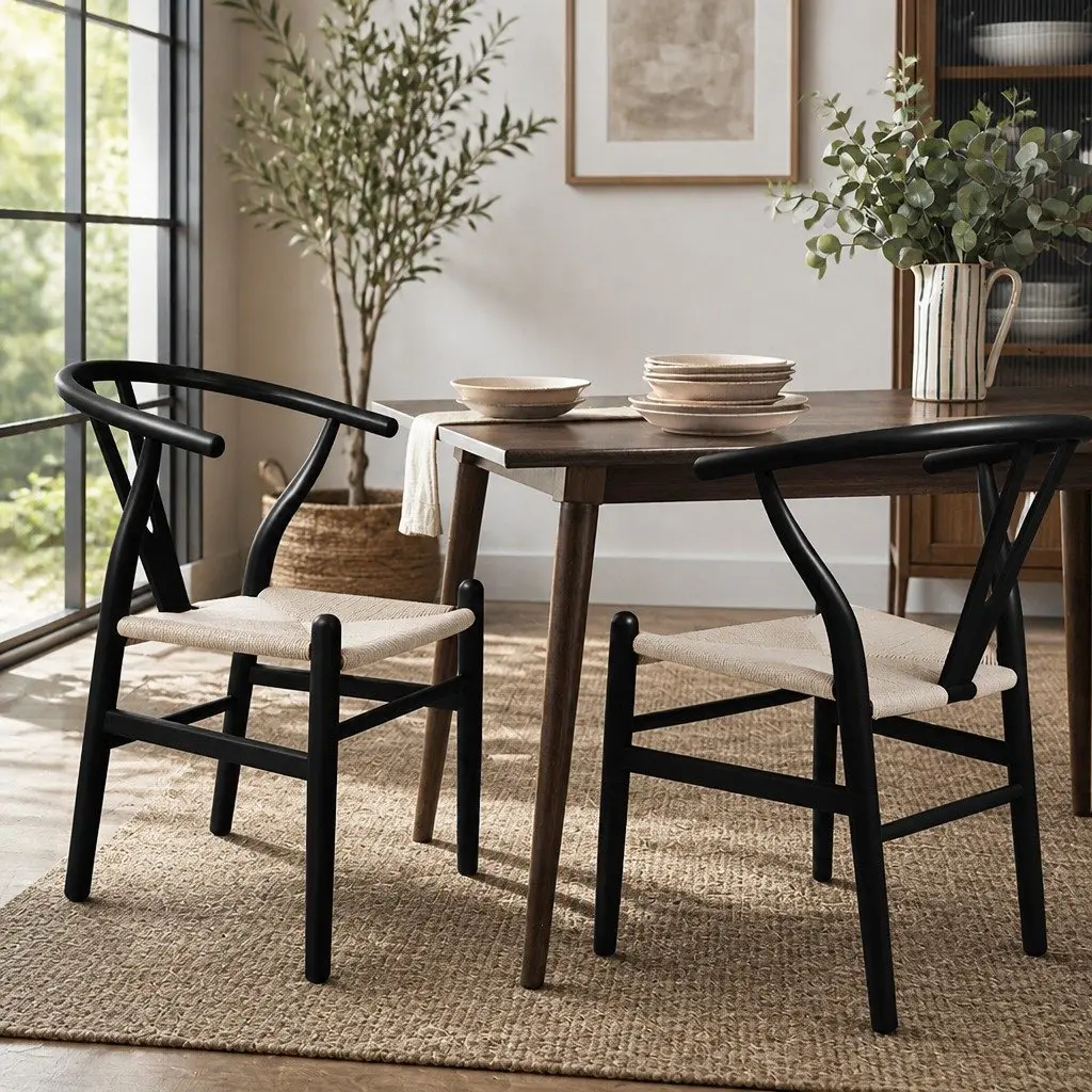 Dining Chairs Wooden Seat Black Modern Design Rattan Seating Set of 2