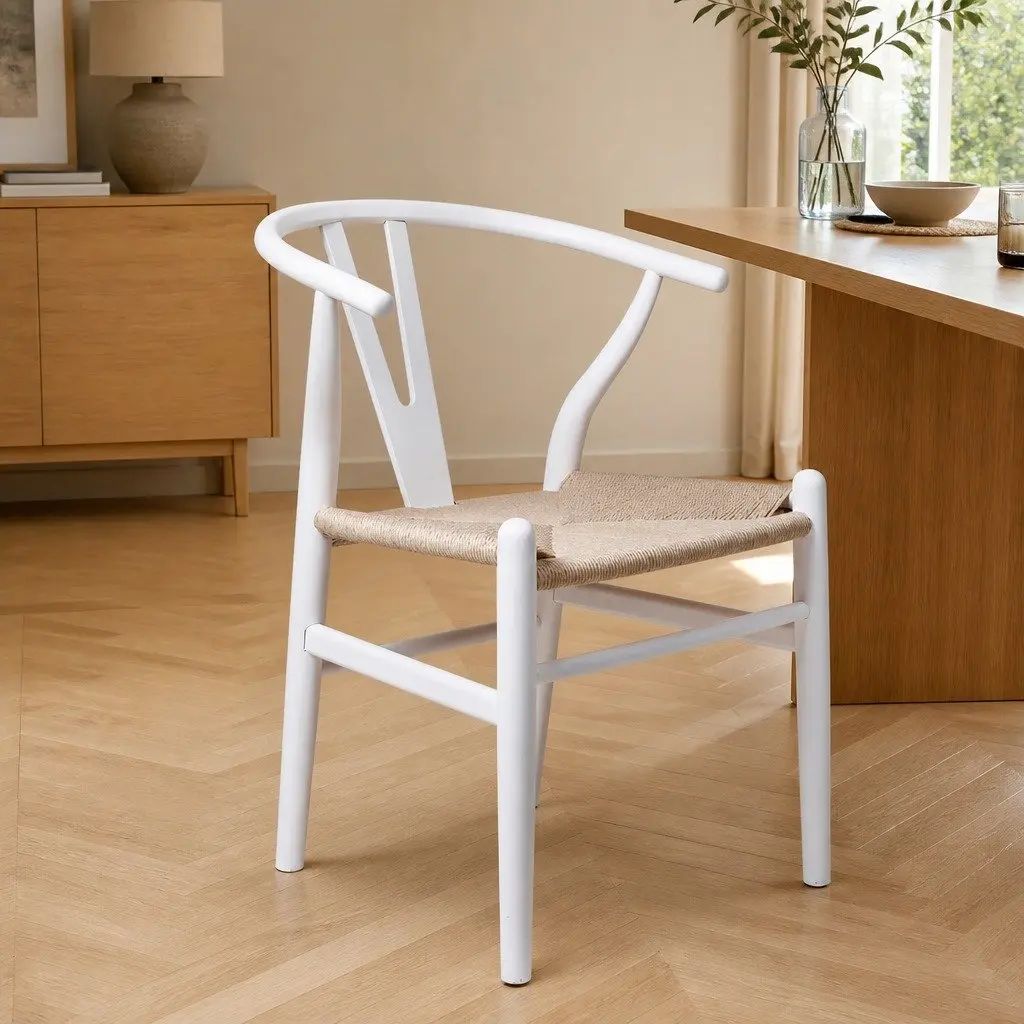 Set of 2 White Wooden Rattan Seat Dining Chairs