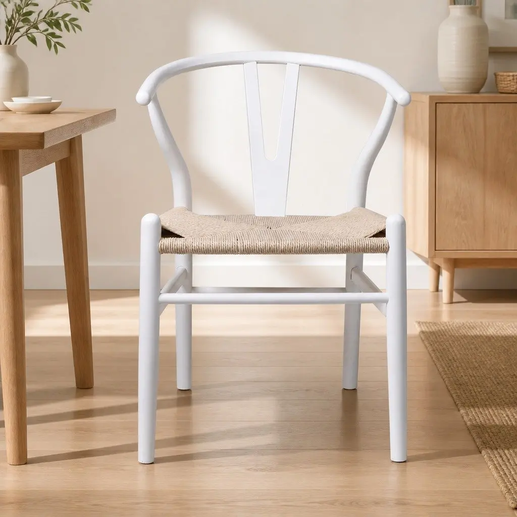 Set of 2 White Wooden Rattan Seat Dining Chairs