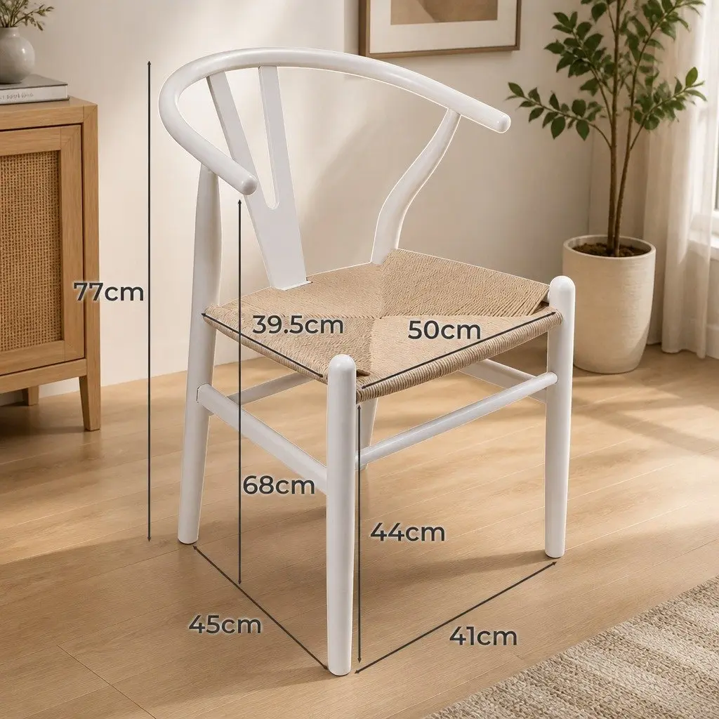 Set of 2 White Wooden Rattan Seat Dining Chairs