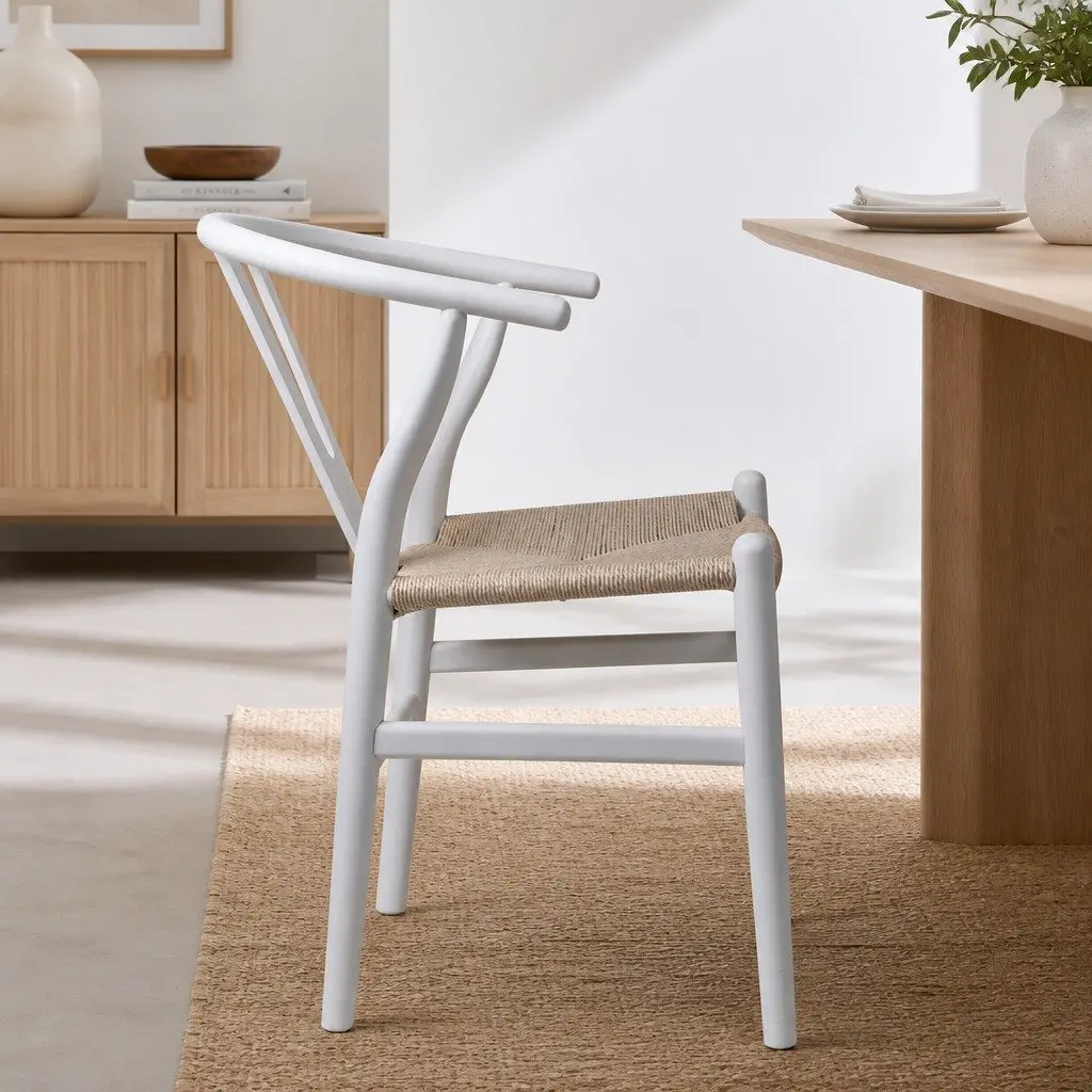 Set of 2 White Wooden Rattan Seat Dining Chairs