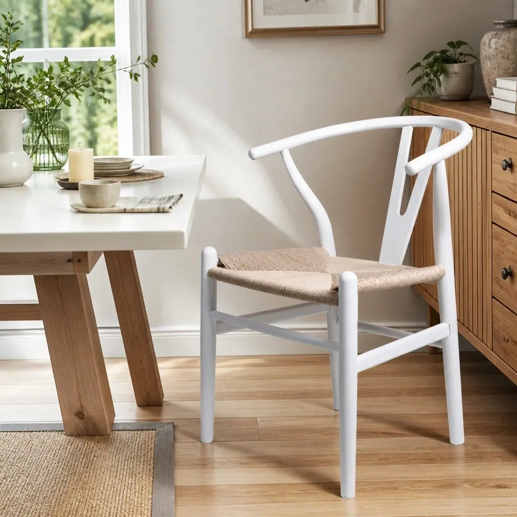 Set of 2 White Wooden Rattan Seat Dining Chairs