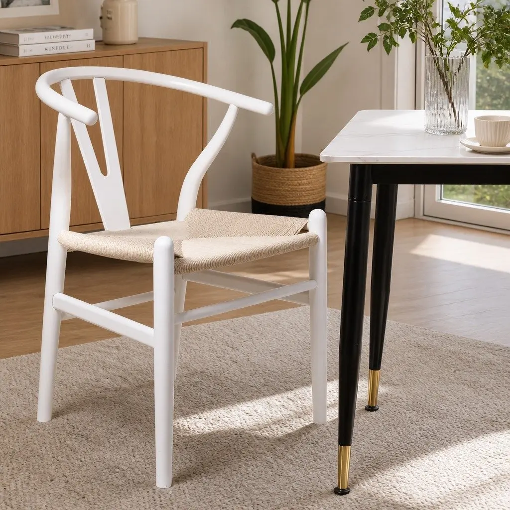 Set of 2 White Wooden Rattan Seat Dining Chairs