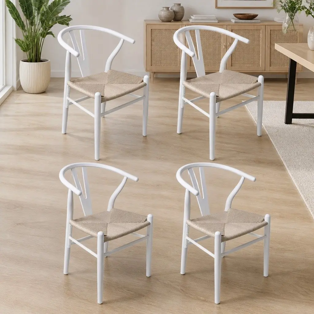 Dining Chairs Set 4x Wooden Rattan Seat White Kitchen Furniture Modern Design