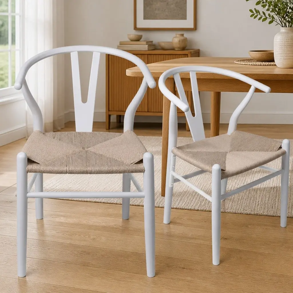 Dining Chairs Set 4x Wooden Rattan Seat White Kitchen Furniture Modern Design