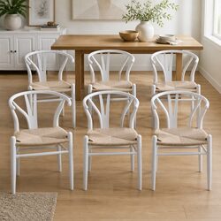 Set of 6 Modern Wooden Dining Chairs with Rattan Seats