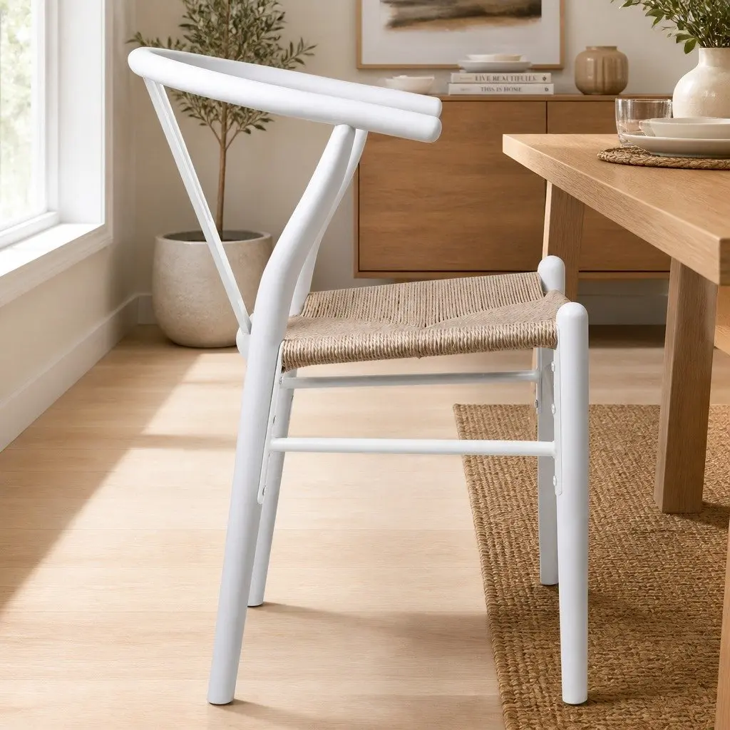 Dining Chairs Set of 6 Wooden Rattan Seat White Kitchen Furniture Modern Design
