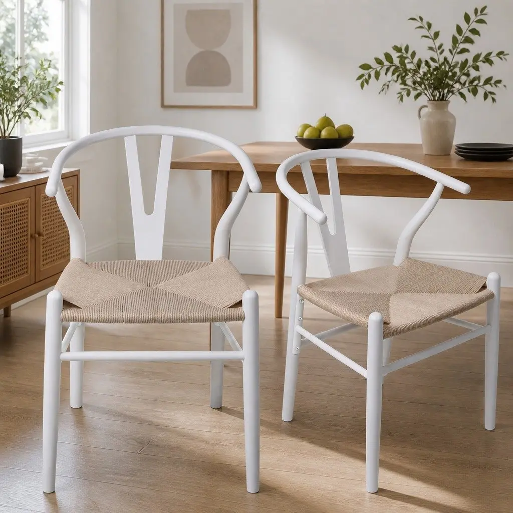Dining Chairs Set of 6 Wooden Rattan Seat White Kitchen Furniture Modern Design