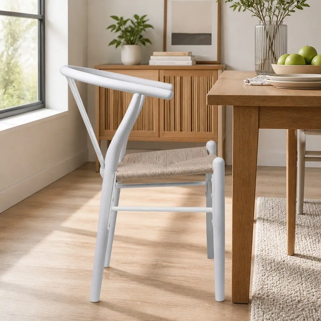 Dining Chair Set White Wooden Rattan Seat 8 Pieces