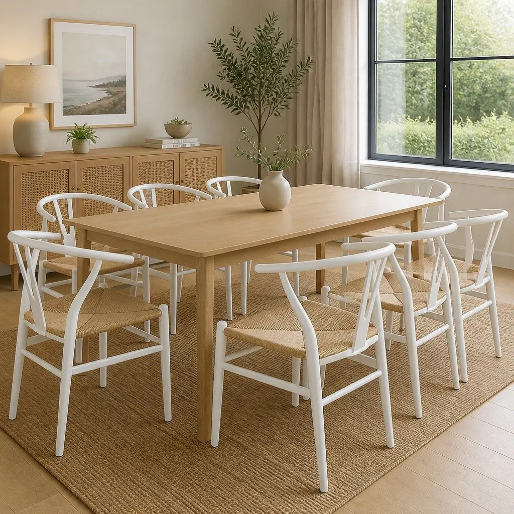 Dining Chair Set White Wooden Rattan Seat 8 Pieces