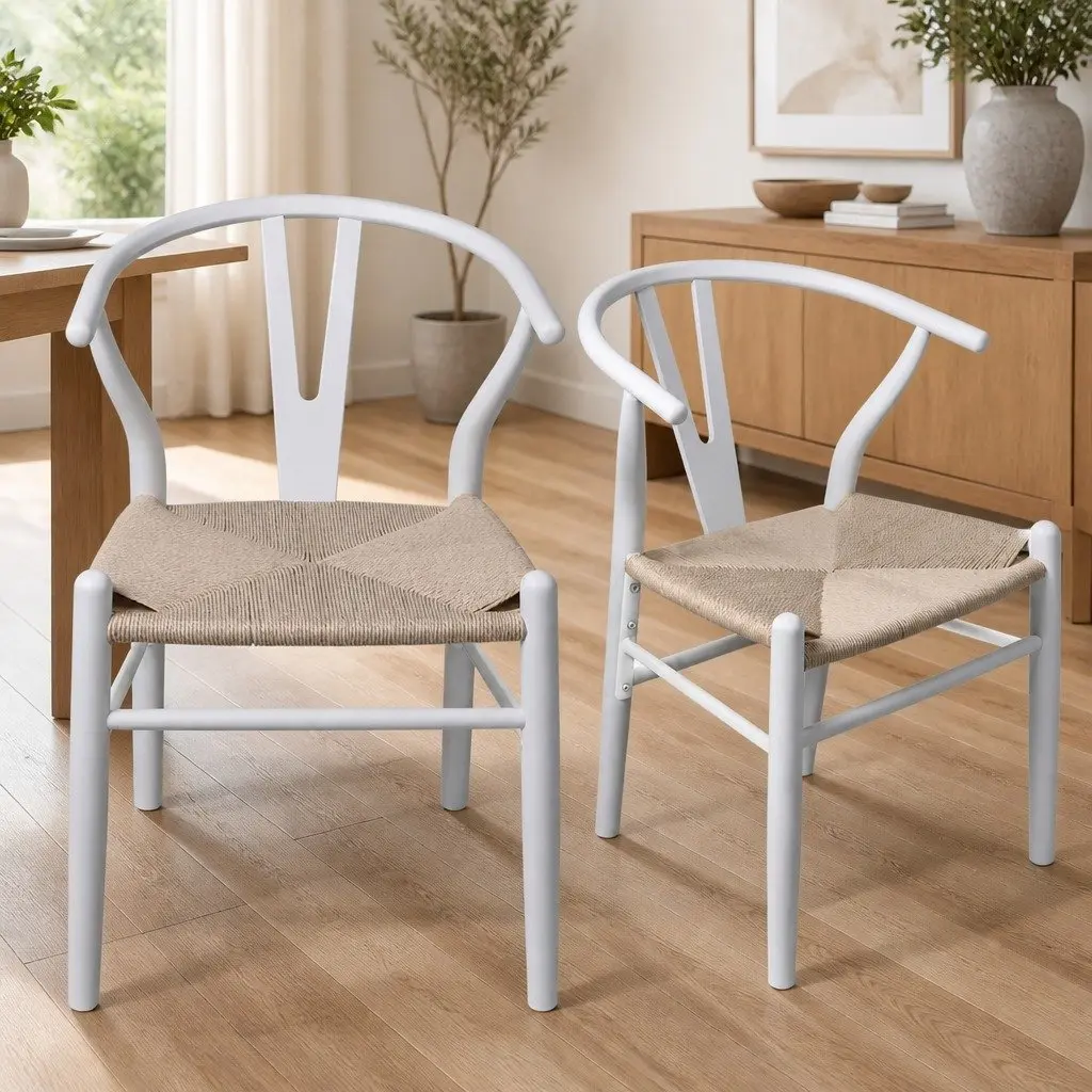 Dining Chair Set White Wooden Rattan Seat 8 Pieces